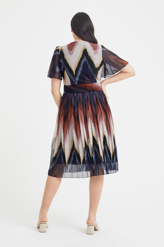 Cleo French Geometric Print Knife Pleated Skirt Midi Dress
