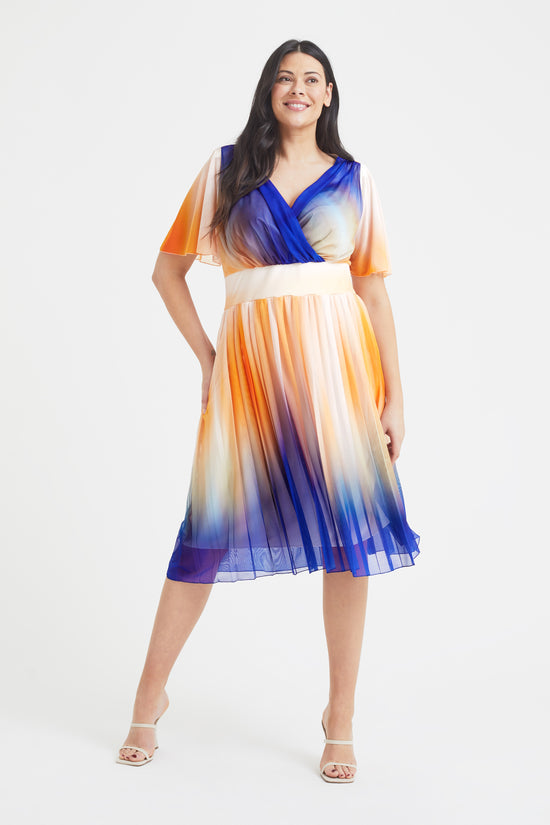 Load image into Gallery viewer, Cleo Ivory Orange Blue Print Knife Pleated Skirt Midi Dress
