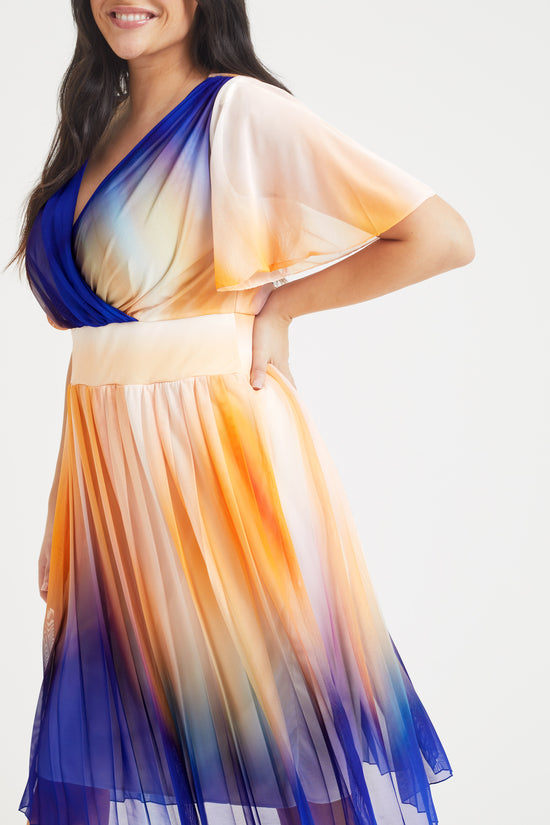 Load image into Gallery viewer, Cleo Ivory Orange Blue Print Knife Pleated Skirt Midi Dress
