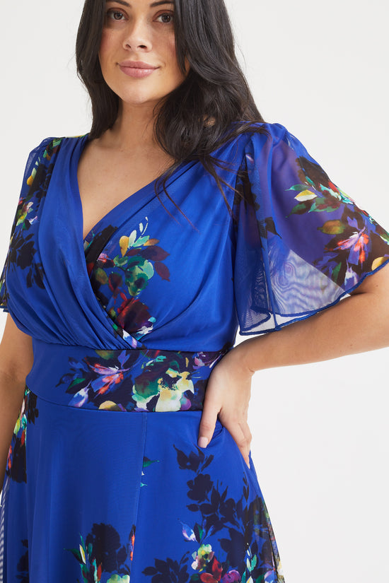 Load image into Gallery viewer, Isabelle Blue Multi Floral Float Sleeve Maxi Dress
