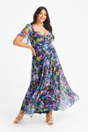 Kemi Navy Purple Print Bolero Wrap Bodice Maxi Gown