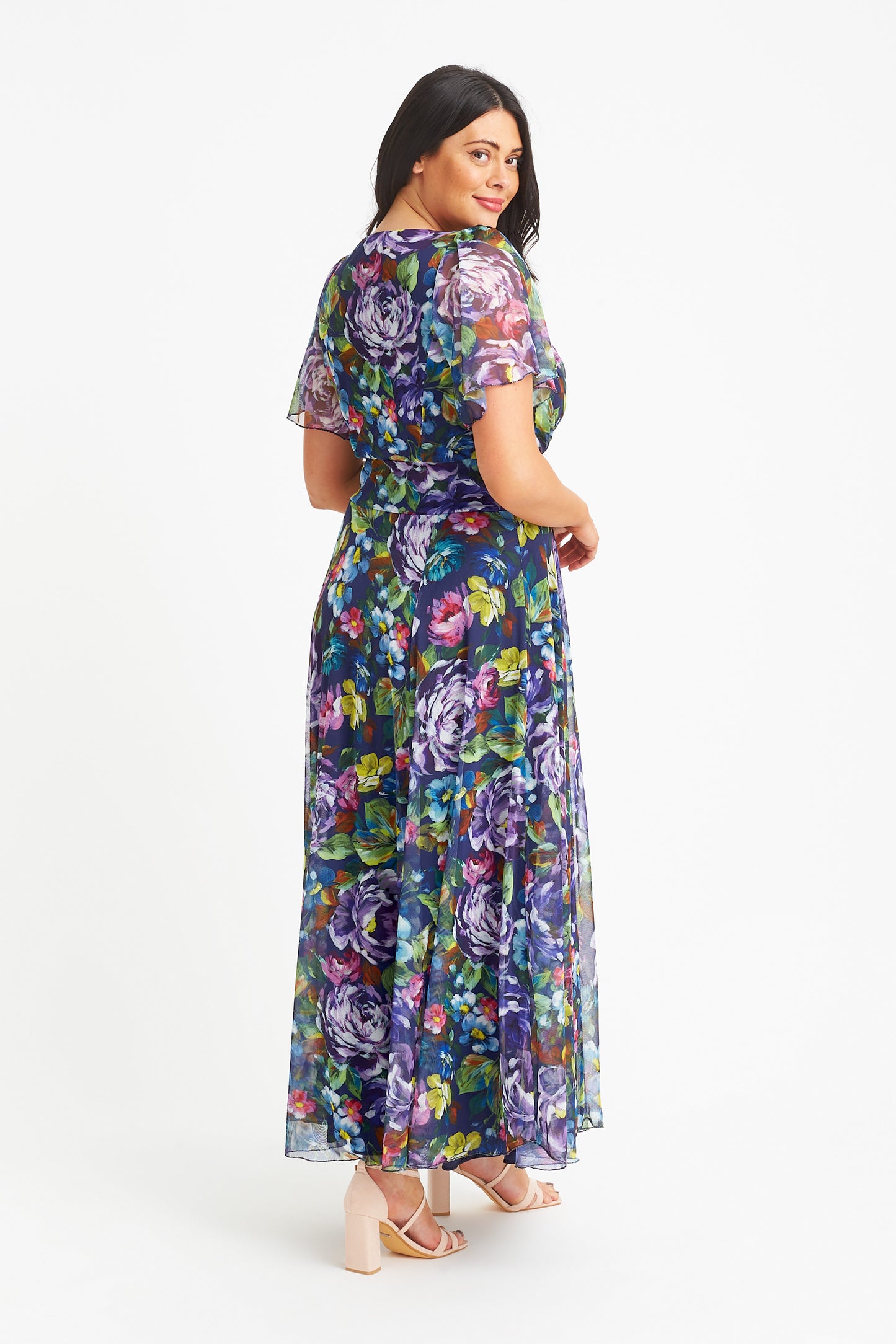 Kemi Navy Purple Print Bolero Wrap Bodice Maxi Gown