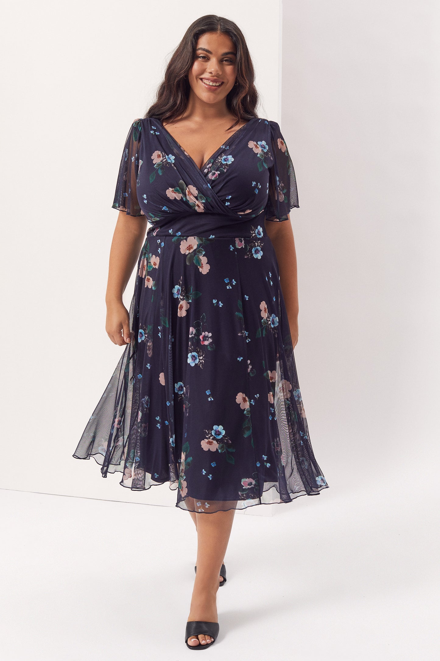 Load image into Gallery viewer, Victoria Navy Nude Angel Sleeve Mesh Midi Dress
