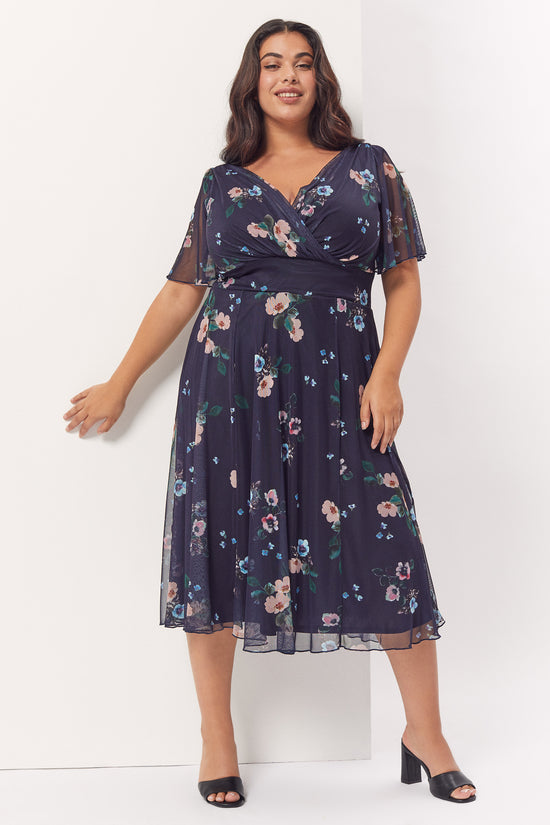 Load image into Gallery viewer, Victoria Navy Nude Angel Sleeve Mesh Midi Dress
