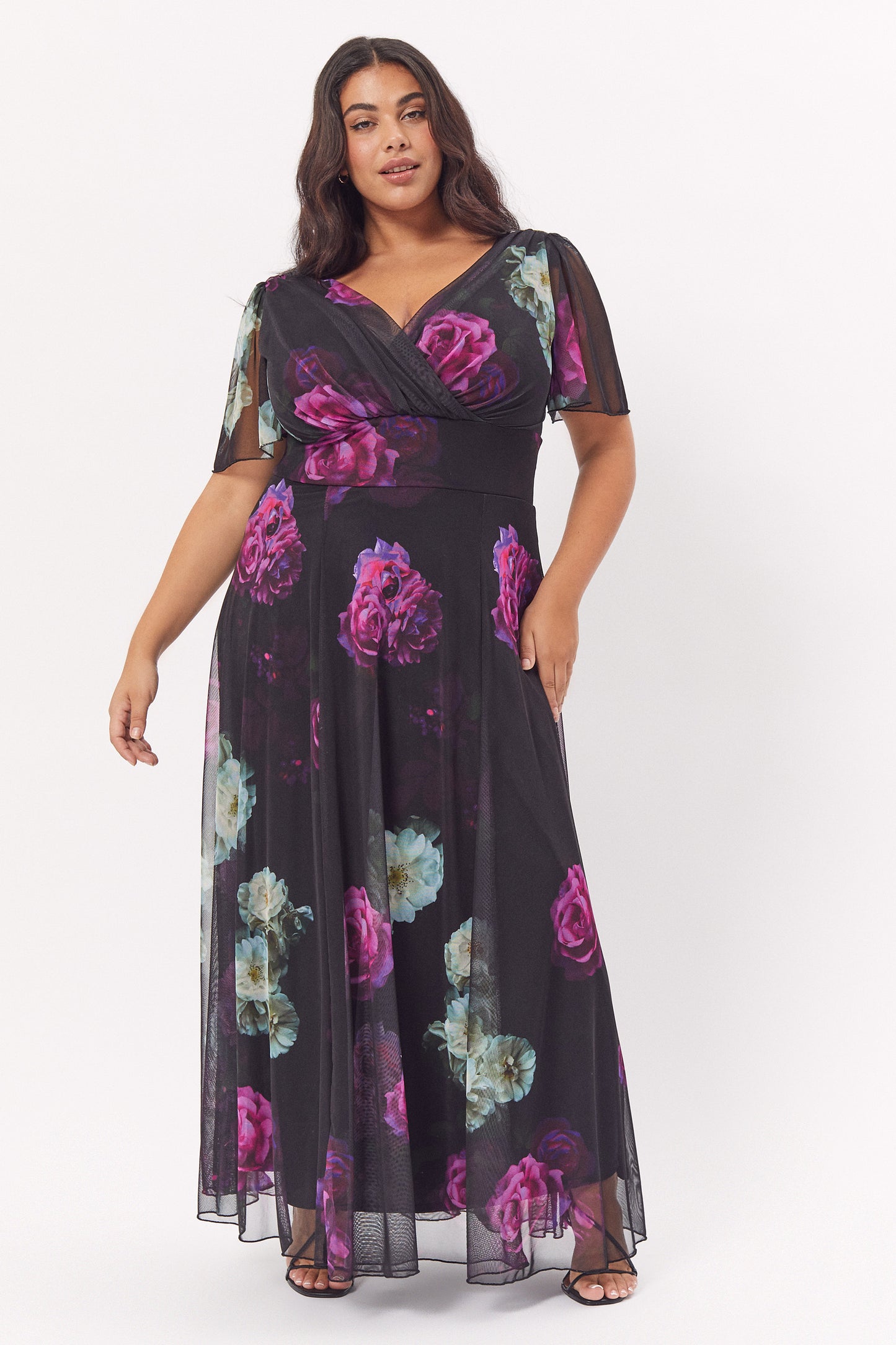 Load image into Gallery viewer, Isabelle Black Fuchsia Float Sleeve Maxi Dress
