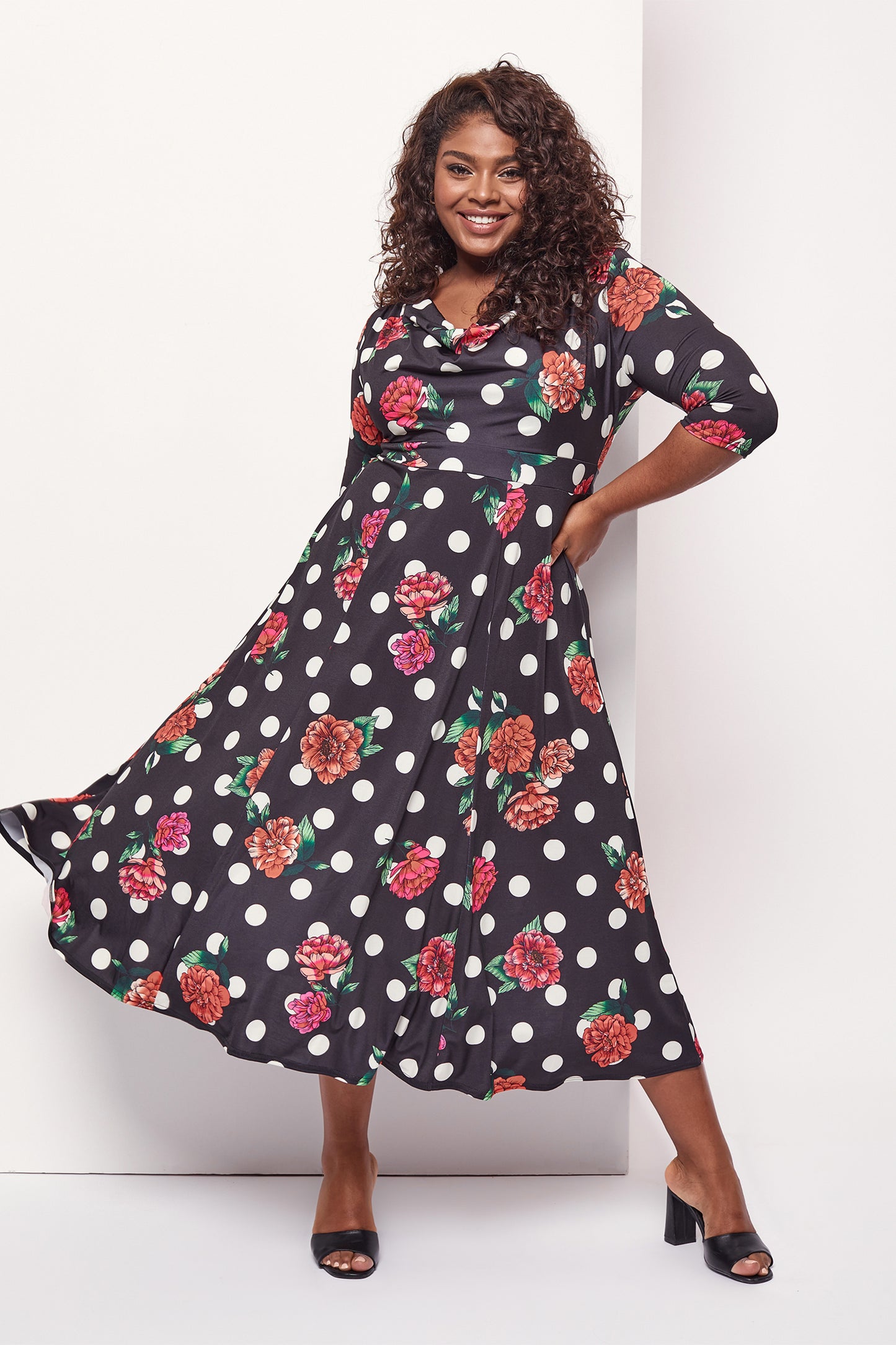 Black Cream Red Cowl Neck '1940s' Dress