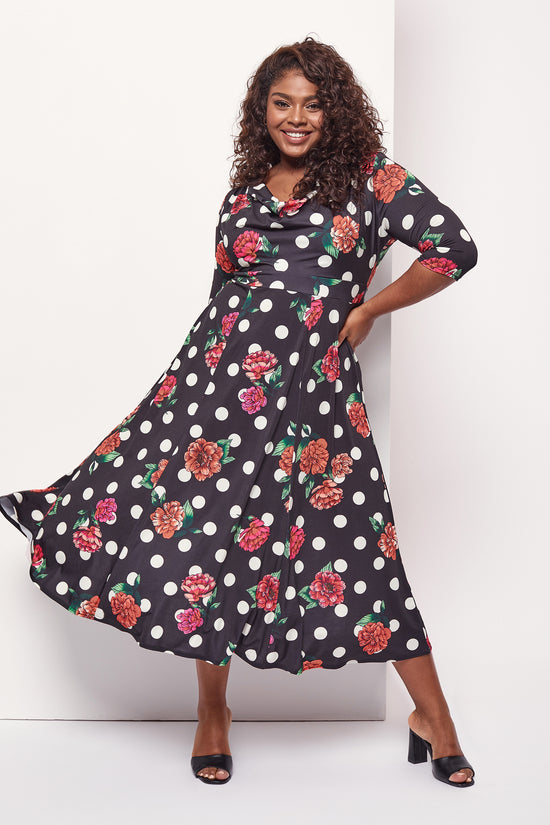 Black Cream Red Cowl Neck '1940s' Dress