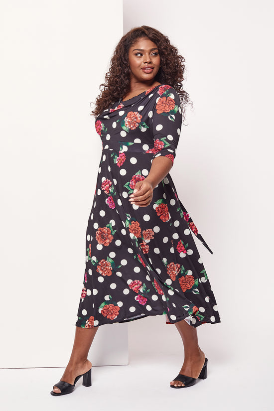 Black Cream Red Cowl Neck '1940s' Dress