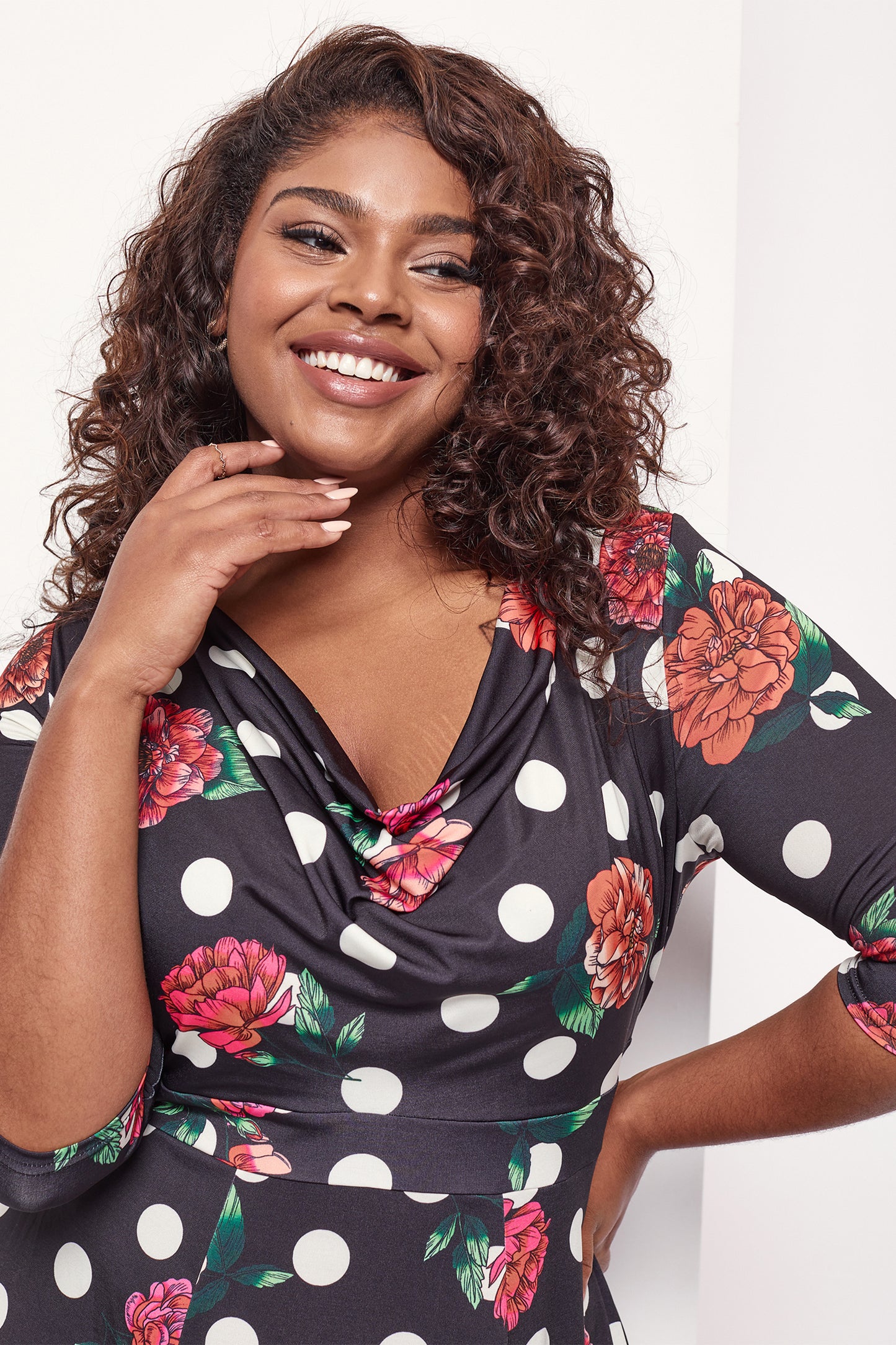 Black Cream Red Cowl Neck '1940s' Dress