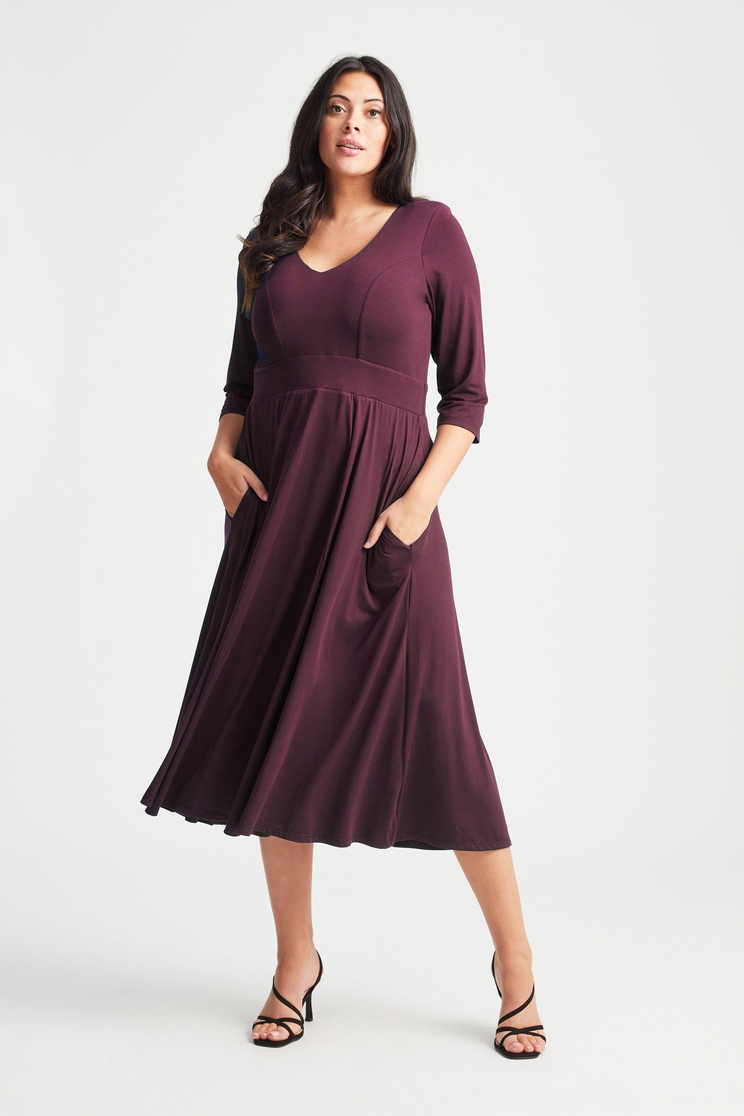 Load image into Gallery viewer, Wine V Neck Long Peach Touch Midi Dress
