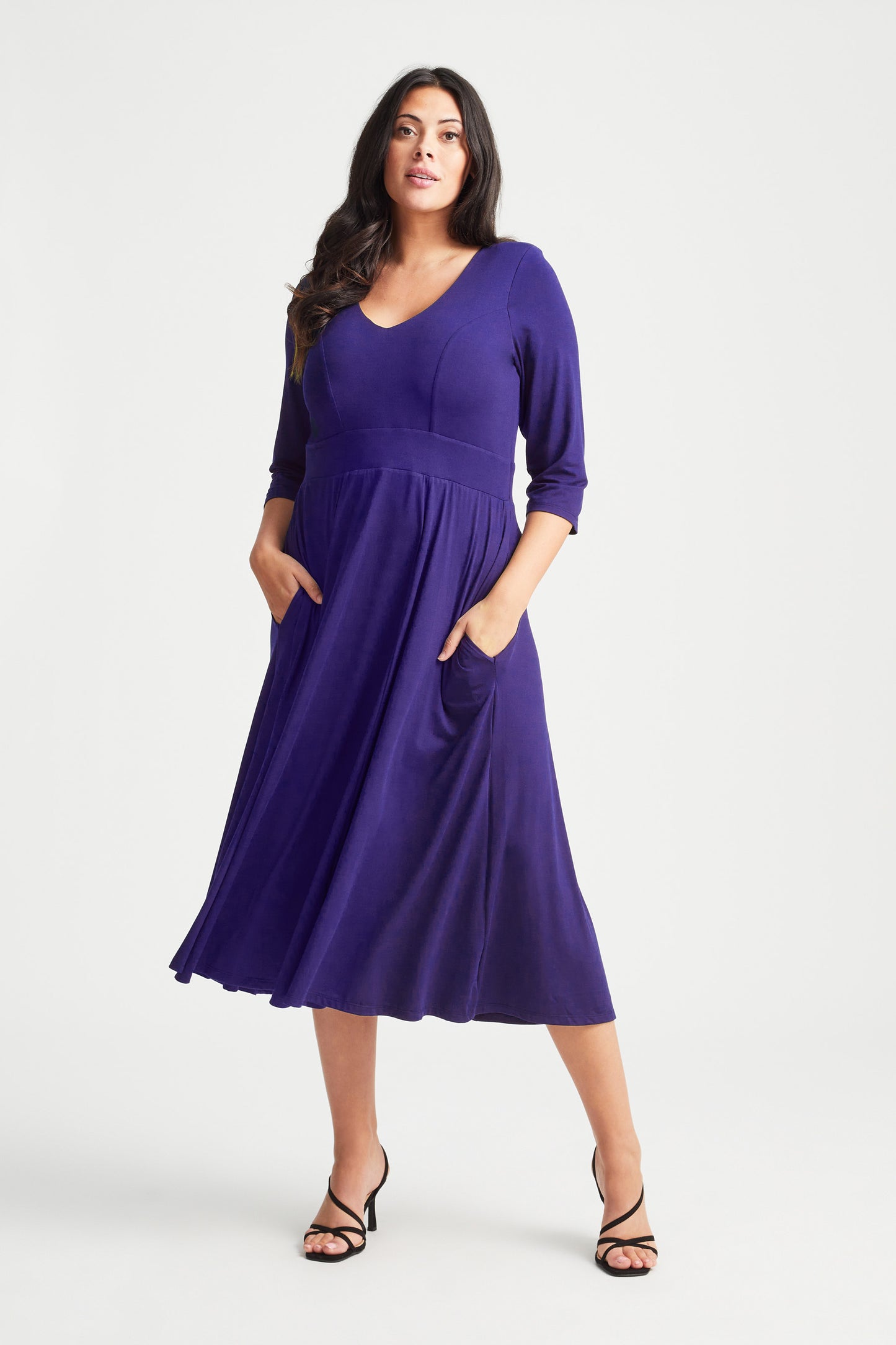 Load image into Gallery viewer, Purple V Neck Long Peach Touch Midi Dress
