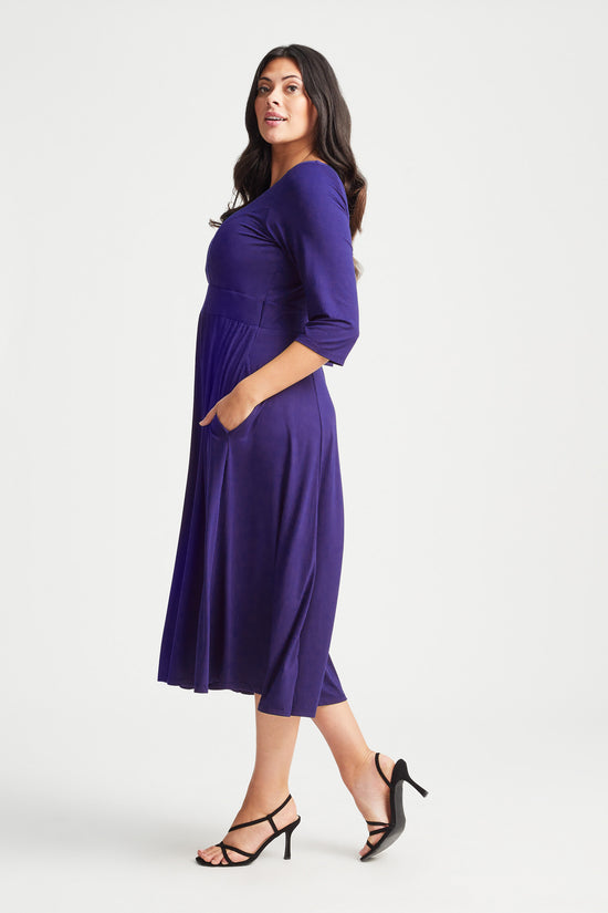 Load image into Gallery viewer, Purple V Neck Long Peach Touch Midi Dress
