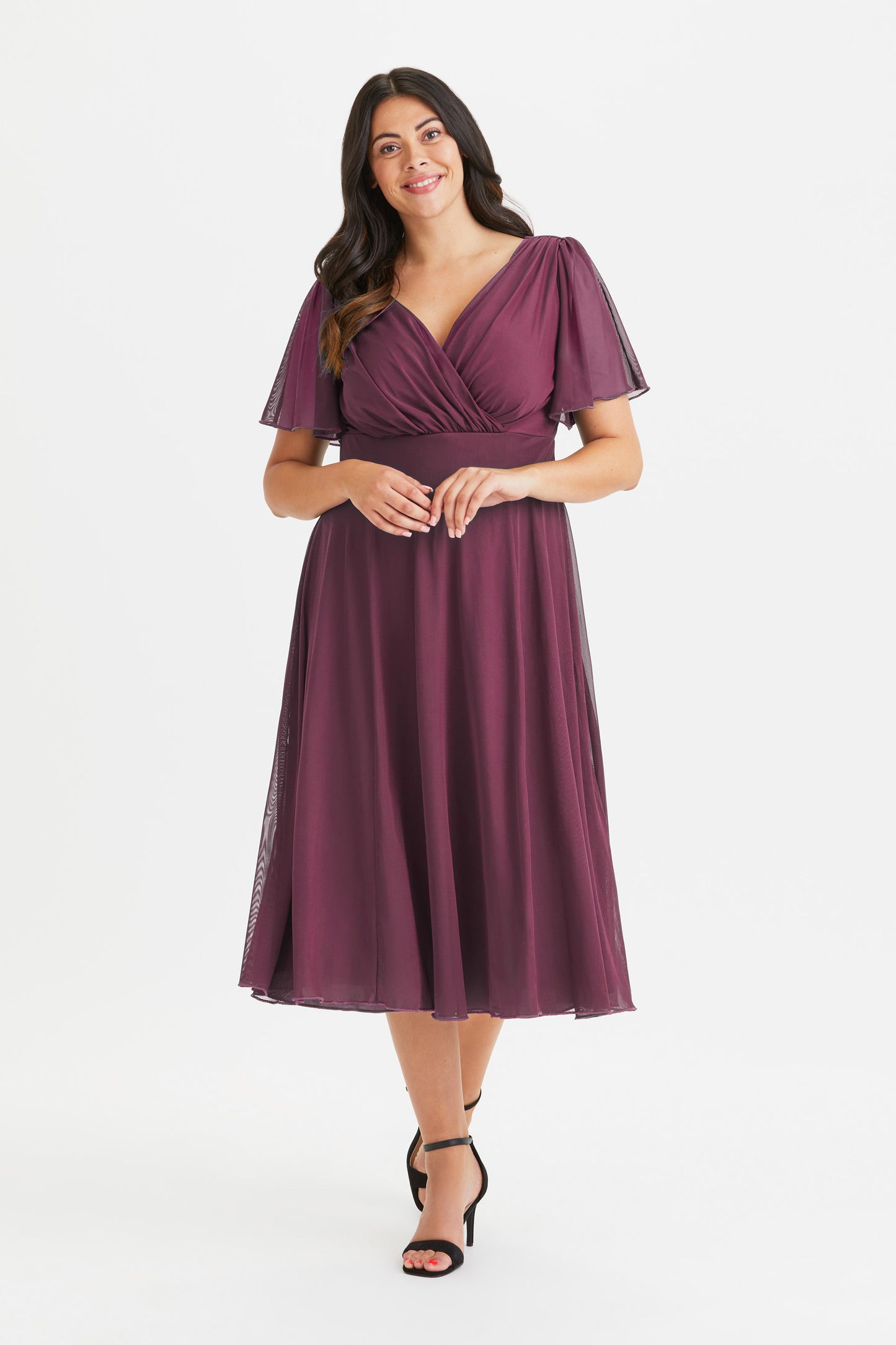 Victoria Wine Angel Sleeve Mesh Midi Dress 