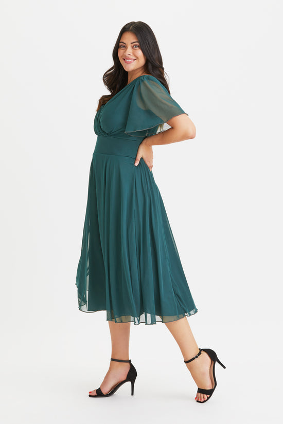 Victoria Green Angel Sleeve Mesh Midi Dress