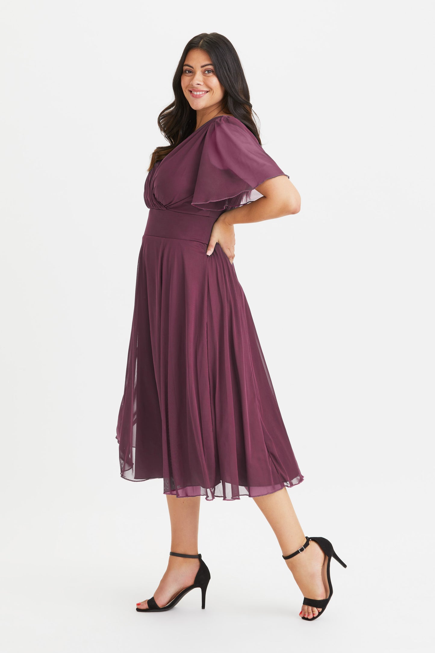 Victoria Wine Angel Sleeve Mesh Midi Dress 
