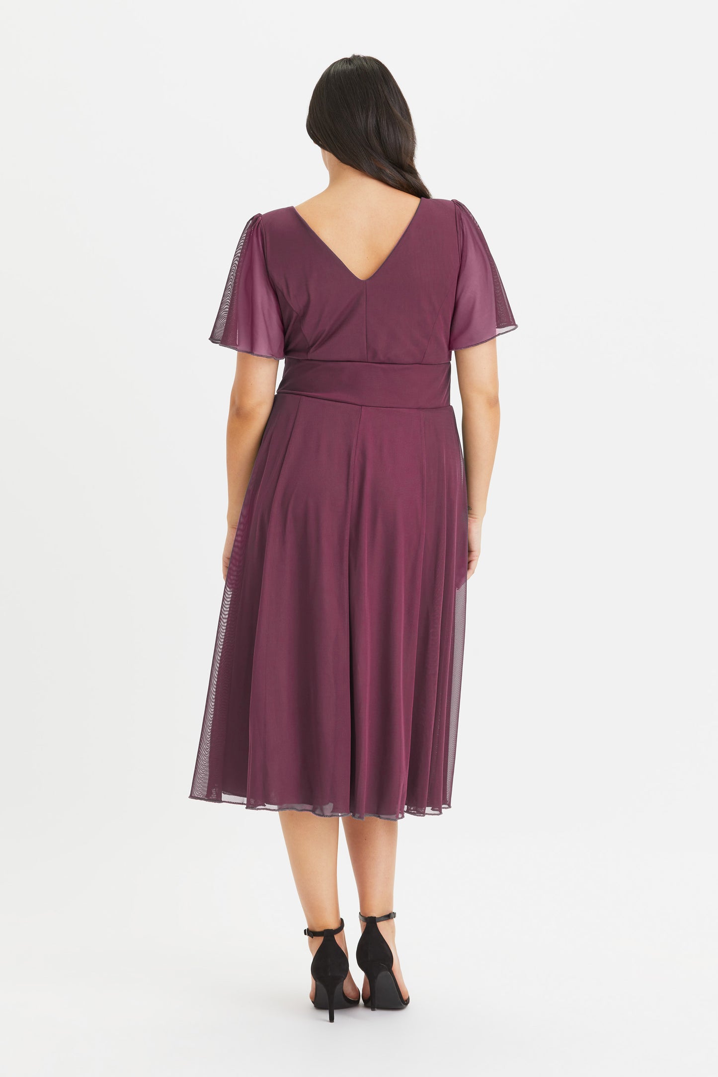 Victoria Wine Angel Sleeve Mesh Midi Dress 