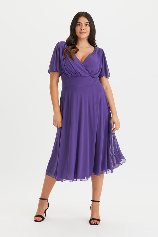 Load image into Gallery viewer, Victoria Purple Angel Sleeve Mesh Midi Dress
