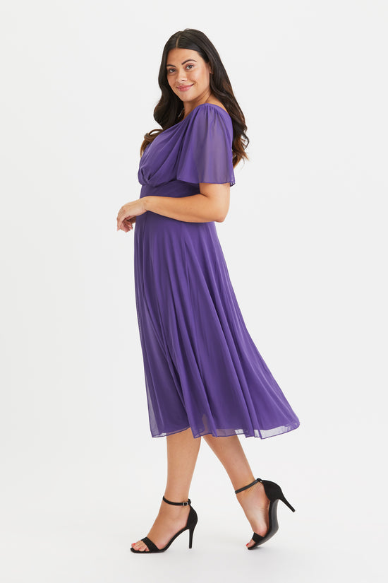 Victoria Purple Angel Sleeve Mesh Midi Dress